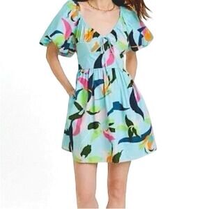 A New Day Blue Floral Puff Sleeve Mini Dress M
